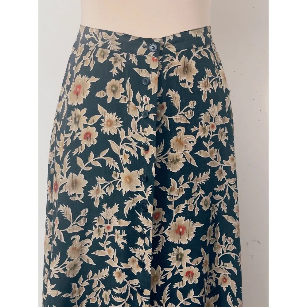 Jones New York Skirt 6P Black Floral‎ Silk Button Front Maxi Cottagecore Boho